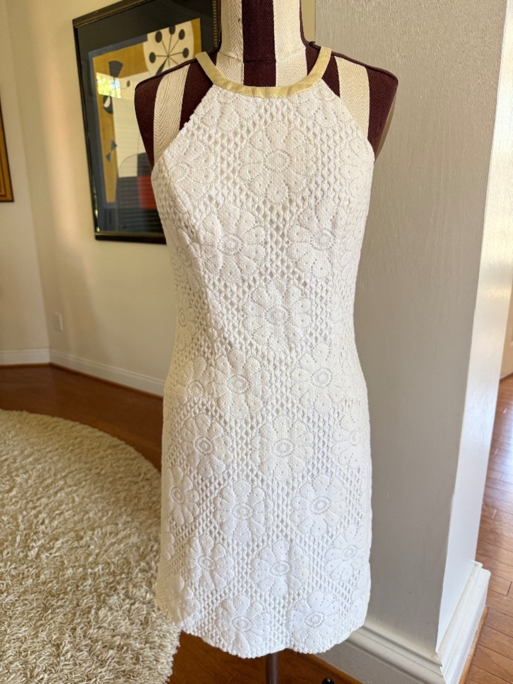 Lilly Pulitzer White Crochet Dress Gold Embellished Neckline Size 2 Cottagecore